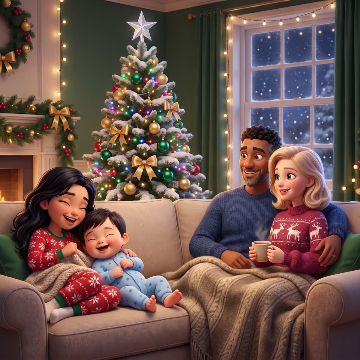 Maya giggling under a blanket with baby Leo, while Daddy and Hannah cuddle up with a mug of tea, in their cosy green living room