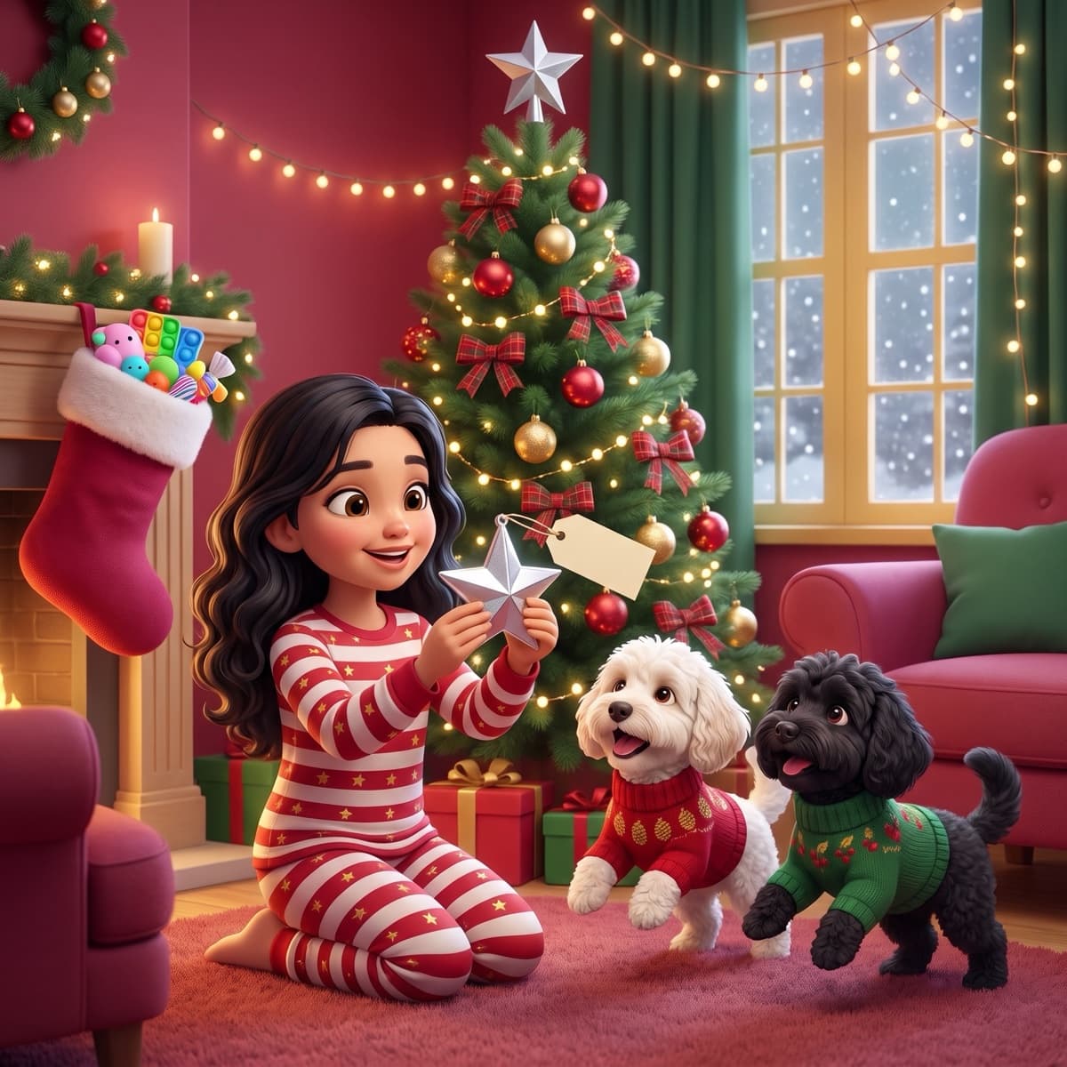 Maya on Christmas morning in her book